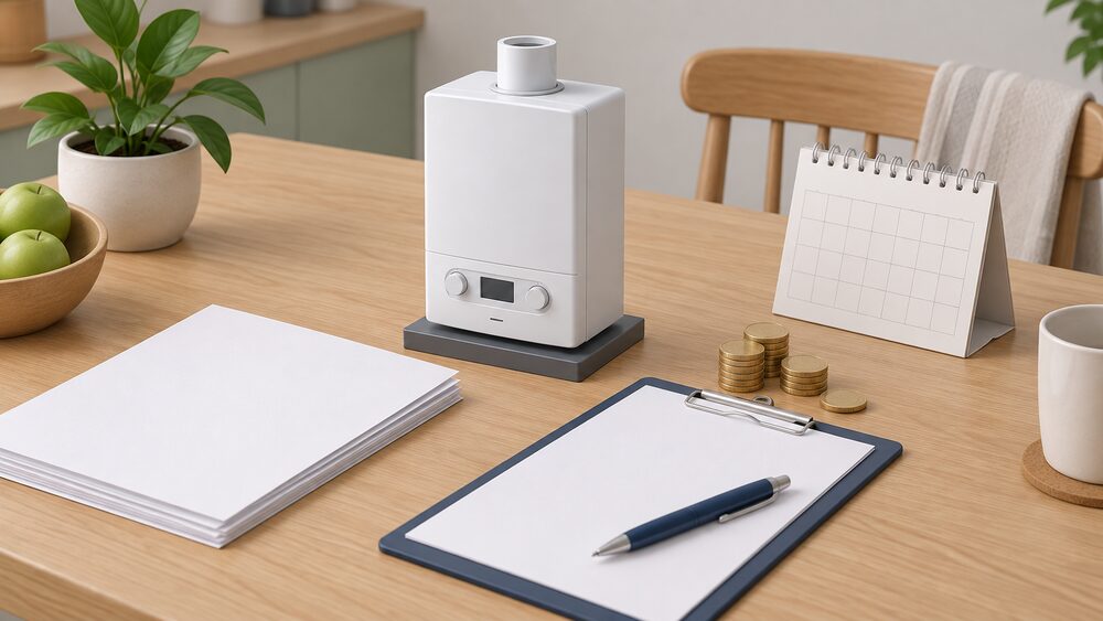 A small model of a wall-hung gas boiler sits on a kitchen table beside blank contract paperwork, a clipboard with a pen, a calendar and a small stack of coins, suggesting a household weighing up a repair cover plan.