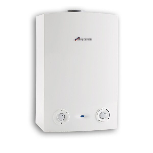 A white Worcester wall-mounted heat-only gas boiler with two control dials, shown on a plain white background