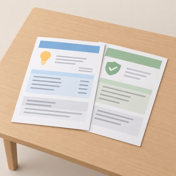 On a plain household table, a single energy bill sheet and a cover plan document lie side by side, slightly overlapping to show they belong to one bundled account, with blank line blocks and plain colour bands carrying no readable content.