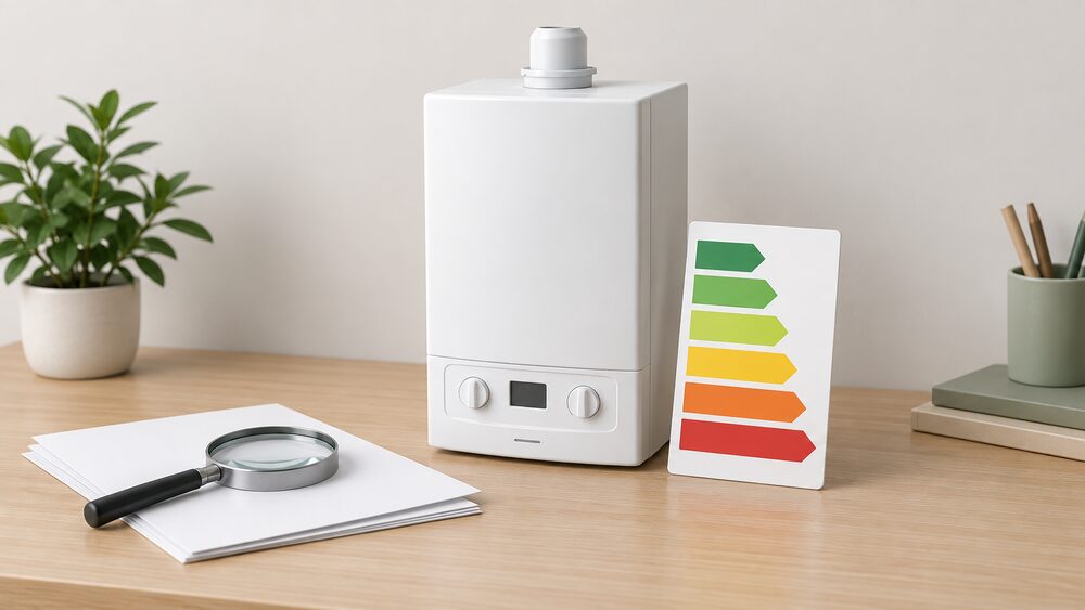 A small white wall-hung gas boiler model stands on a table beside blank paperwork, with a tall colour-banded efficiency label of stacked coloured arrows leaning against it and a magnifying glass resting on the papers.