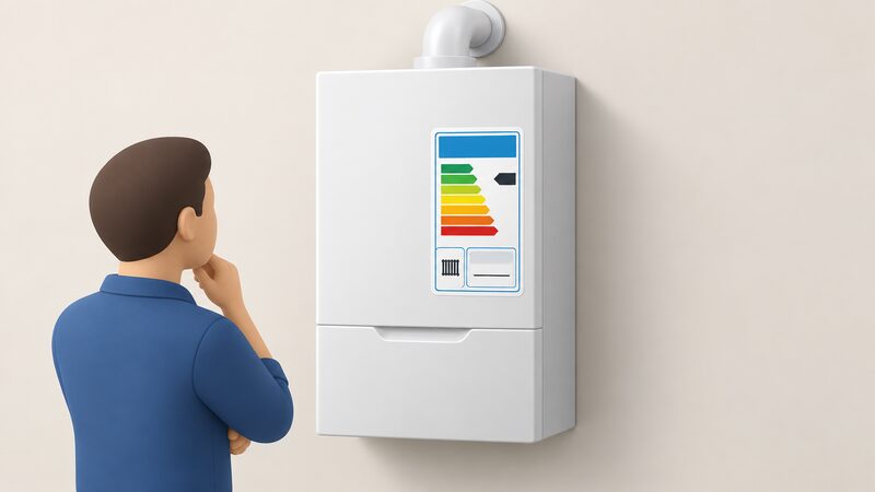 A close-up of an ErP energy label fixed to a gas boiler, drawn as a physical sticker on the appliance's front casing, with the A+++ to G colour-banded scale, a band arrow pointing to a high class, and a blank line where the seasonal efficiency figure sits among the product information blocks.