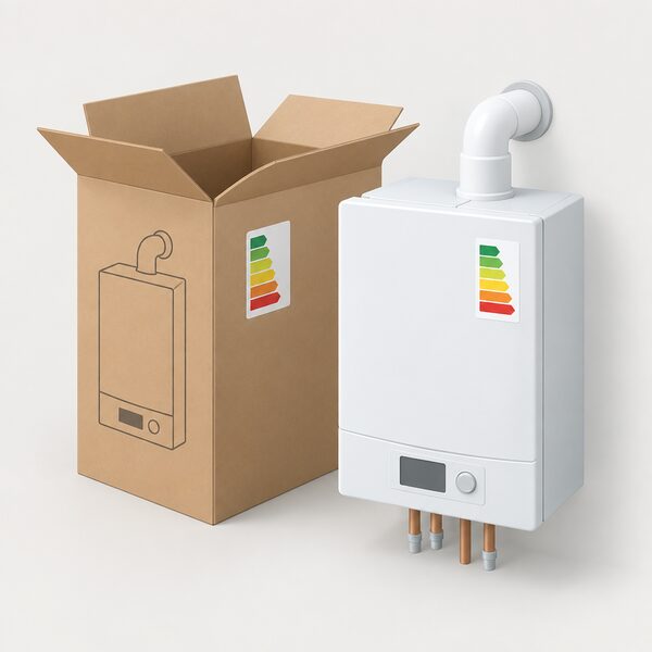 A new wall-hung condensing boiler beside its opened cardboard packaging, with the energy label attached to the appliance front showing its efficiency band as a plain colour scale, drawn as a physical sticker with blank bands and no readable words or figures.