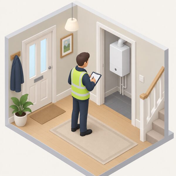 An energy assessor standing in an ordinary home's hallway with a clipboard and tablet, noting details of the house while a wall-mounted boiler is visible in the background, gathering information for its Energy Performance Certificate.