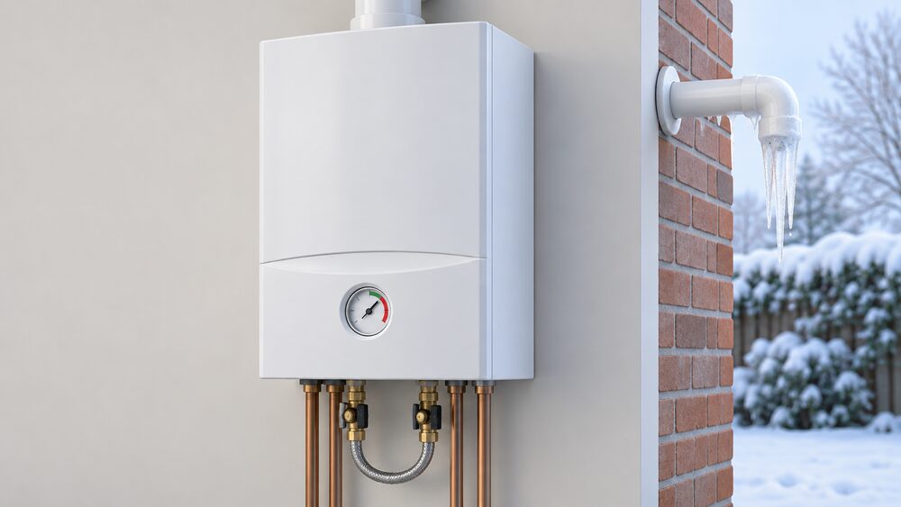 A closed wall-mounted gas combi boiler seen close up, its pressure gauge and filling loop visible on the front and underside, with its white plastic condensate pipe running through the external wall behind it and hanging iced over outside in freezing weather.
