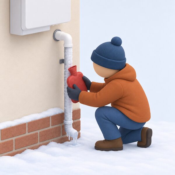 A simplified figure stands outside the house holding a hot water bottle pressed against the frozen external condensate pipe where it runs from the boiler wall outlet, thawing the ice along its exterior.