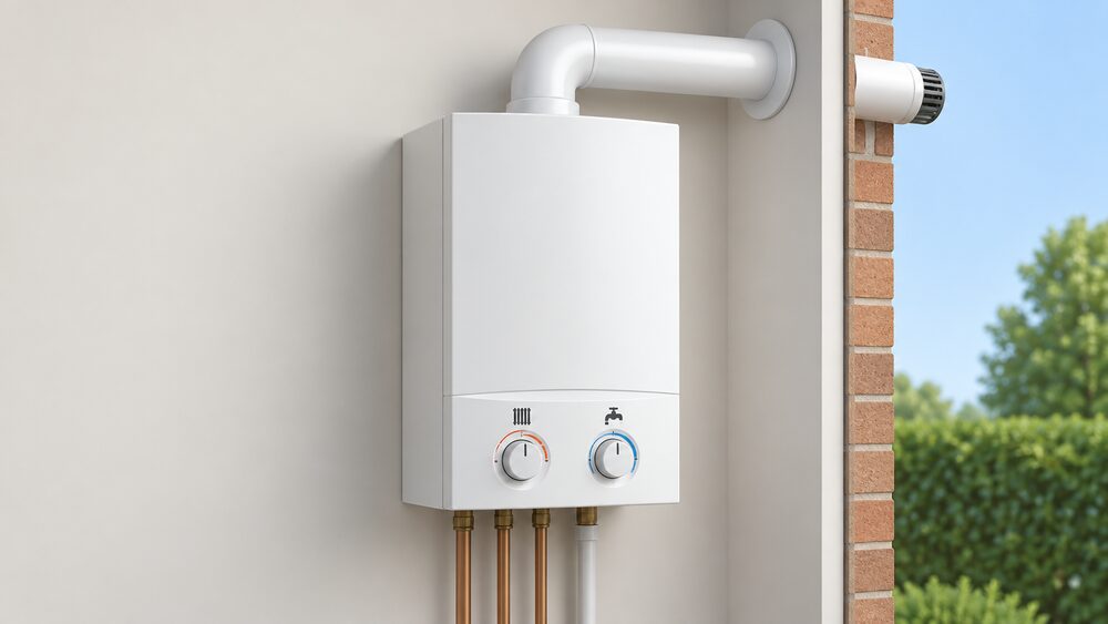 A close-up of a white wall-mounted condensing combi boiler with its front panel showing two separate control dials, one for radiator flow temperature and one for hot water, with its flue pipe passing through the external wall beside it.