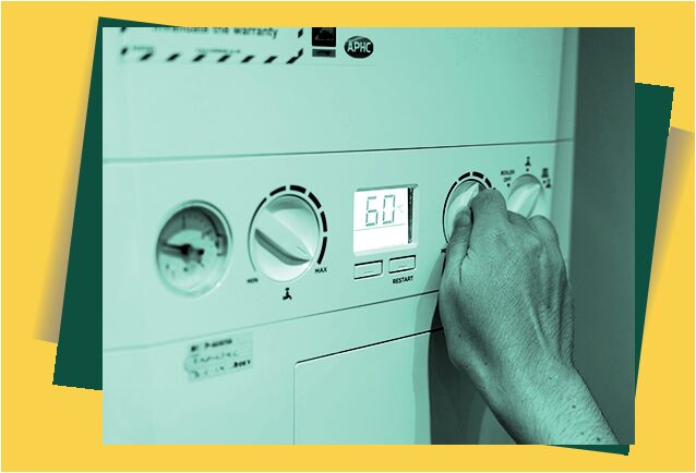A hand turning the flow temperature dial on a wall-mounted combi boiler to 60 degrees