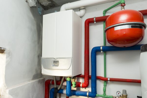 A white wall-mounted condensing boiler installed with red, blue and green pipework and a red expansion vessel in a utility space