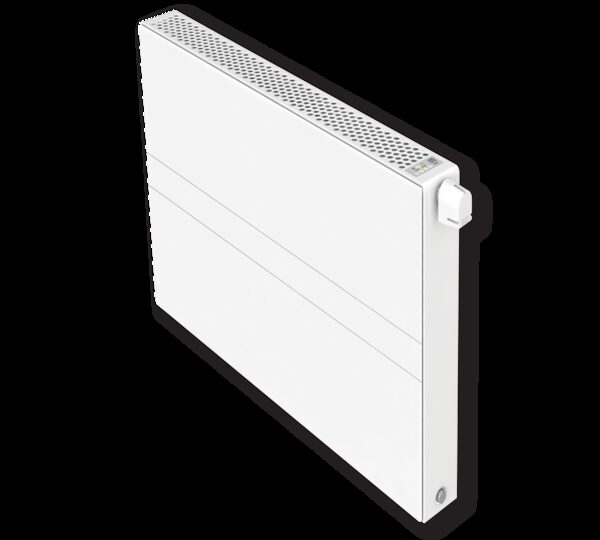 A white flat-panel low-temperature radiator shown at an angle on a plain background