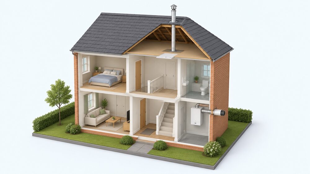 A cutaway house showing a wall-mounted boiler indoors with a horizontal balanced flue terminal passing through the external wall, and a second vertical flue rising through the building and out above the roof, with an access hatch panel in the ceiling void along the concealed run.