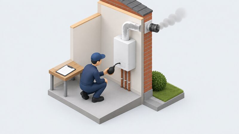 An installer crouched beside a boiler performs a smoke test, holding a smoke puffer at the appliance while watching smoke rise up the flue and out of the terminal outside the wall, with a completion certificate lying on a nearby surface.