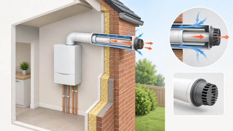 A cutaway view of an external house wall showing a horizontal balanced flue terminal passing through it, with the concentric pipe arrangement visible: the inner flue pipe discharging gases outwards inside the outer ring pipe drawing combustion air in, connected back to a wall-mounted boiler inside.