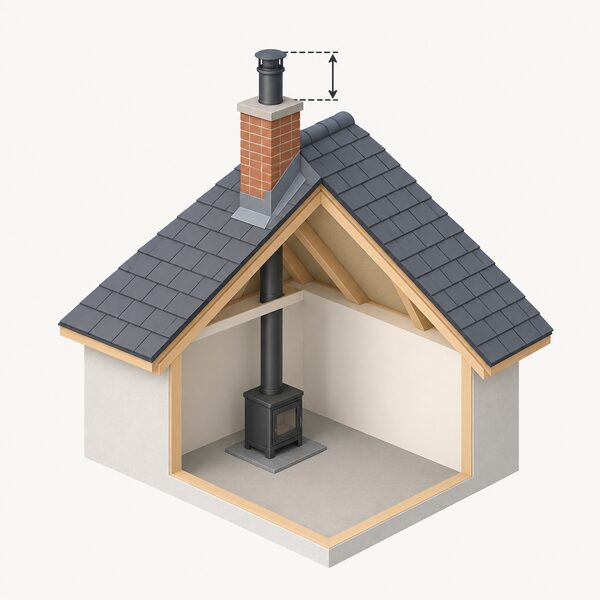 A simple house with a pitched roof shown in cutaway isometric view, where a solid fuel chimney rises through the roof slope and its outlet stands clearly above the ridge line, with a dashed vertical measure indicating the required height gap.