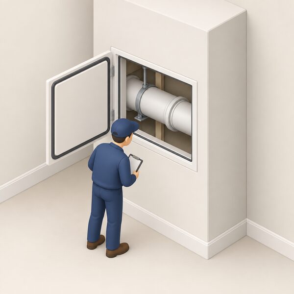 A square inspection hatch set into a plasterboard boxed section in a room, with the hatch door open to reveal a round flue pipe running through the void inside, a small isometric inspector looking in at the visible joints and supports along the flue.