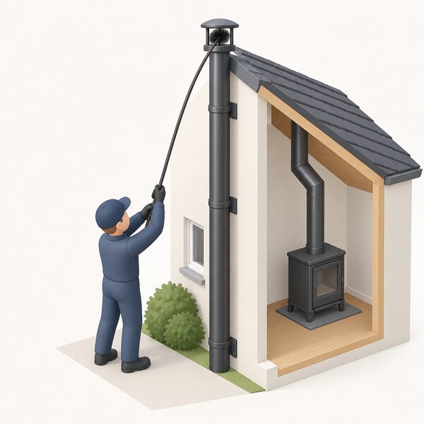 A simplified figure standing outside a house at the wall, sweeping a stove's flue from the outside by pushing flexible sweeping rods with a brush up through the external flue terminal, the flue pipe rising from the building beside them.