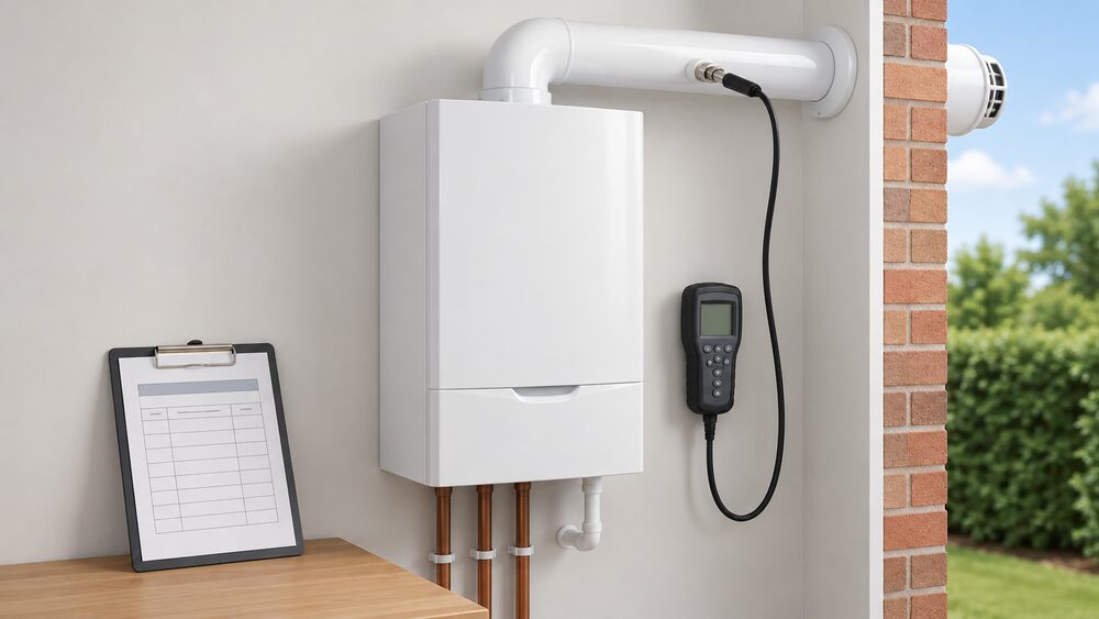A white wall-mounted combi boiler indoors with its flue passing through the external wall, a combustion analyser probe inserted into the flue's sampling point, and a blank commissioning record on a clipboard resting beside the boiler.