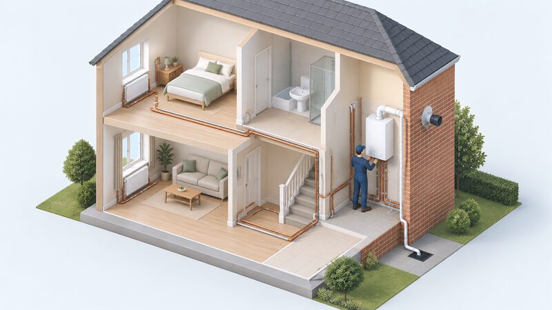 An isometric cutaway of a house showing a gas boiler in a new internal position with fresh pipework runs, a re-routed flue passing through the external wall and a condensate pipe running to a drain, with an installer working at the boiler.