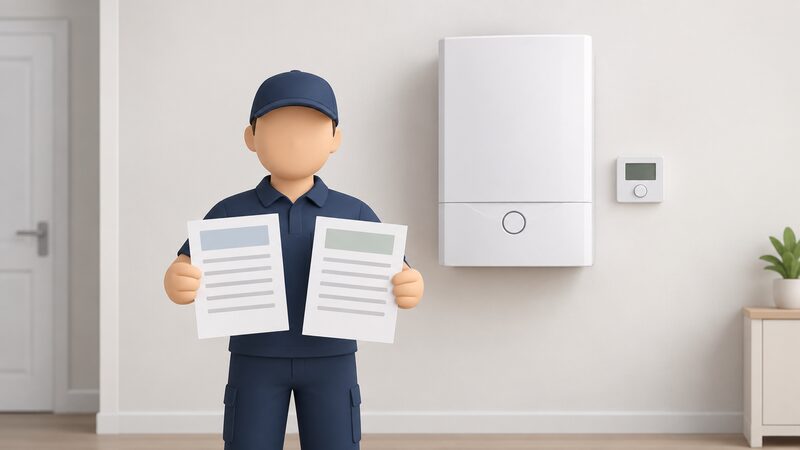 A completed wall-mounted gas boiler with a controller on the wall beside it, while a simplified figure holds out the paper completion certificate and electrical test certificate in the foreground, the documents shown with blank lines only.