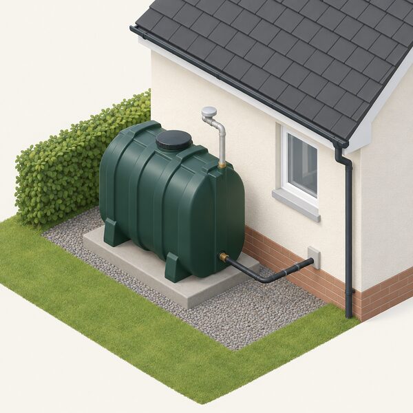 A domestic oil storage tank sited outside a Northern Ireland house, standing on a base beside the external wall with its fill pipe and supply line running toward the house, shown in a simple isometric view.