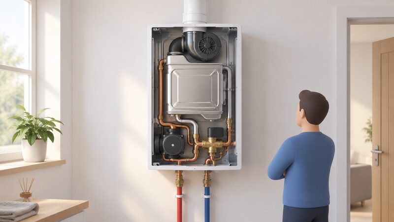 A cutaway view of a wall-hung condensing boiler mounted on an interior wall, with its casing opened to reveal the stainless heat exchanger, the fan at the flue connection above, the circulating pump below and the diverter valve beside the pipework.