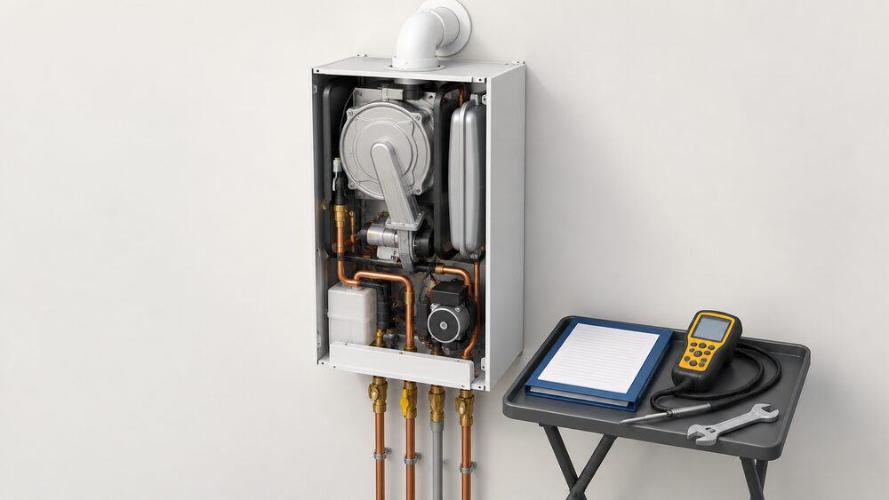 A wall-mounted gas boiler with its front casing removed, shown close up, with an annual service record folder, a gas analyser and a spanner resting on a small work tray beside it, nothing else in view.