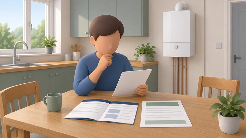 A kitchen table holding a boiler service record booklet and a warranty document, with blank lines and plain colour blocks instead of readable content, beside a wall-mounted gas boiler visible in the background of the same kitchen.