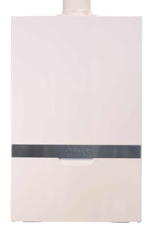 A white ATAG wall-mounted combi boiler with a grey band across the front