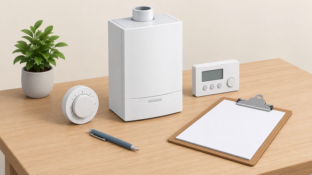 A small model of a wall-hung gas combi boiler sits on a table beside blank paperwork on a clipboard, a round dial room thermostat and a simple programmer, arranged as the moment a replacement installation is specified and checked.
