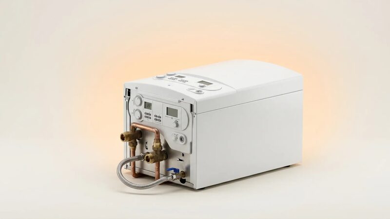 A white combi boiler shown from behind with exposed copper pipes, valves and a filling loop against a plain background