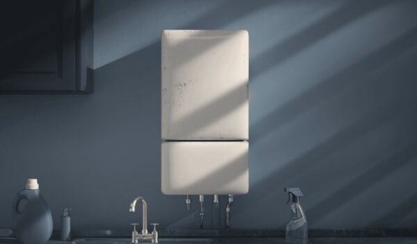A white wall-mounted gas combi boiler with visible pipes above a kitchen sink