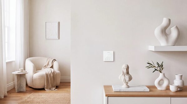 A Warmup smart thermostat mounted on a white wall in a stylish neutral living room with an armchair and decorative vases