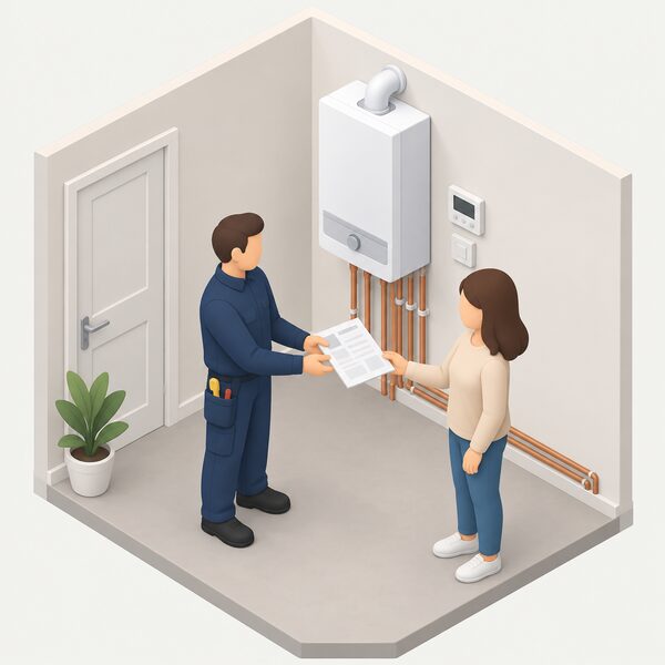 A registered installer in plain work clothing hands a completed Benchmark commissioning certificate, shown as a physical document with blank lines and plain blocks, to a householder beside a newly fitted wall-mounted boiler with its pipework and controls.