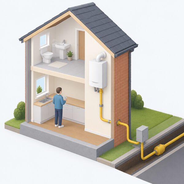 A wall-mounted gas combi boiler inside a home, shown in cutaway isometric view with its gas supply pipe running down and out through the wall to a simplified gas grid connection outside, making clear the household still draws fuel from the gas network.