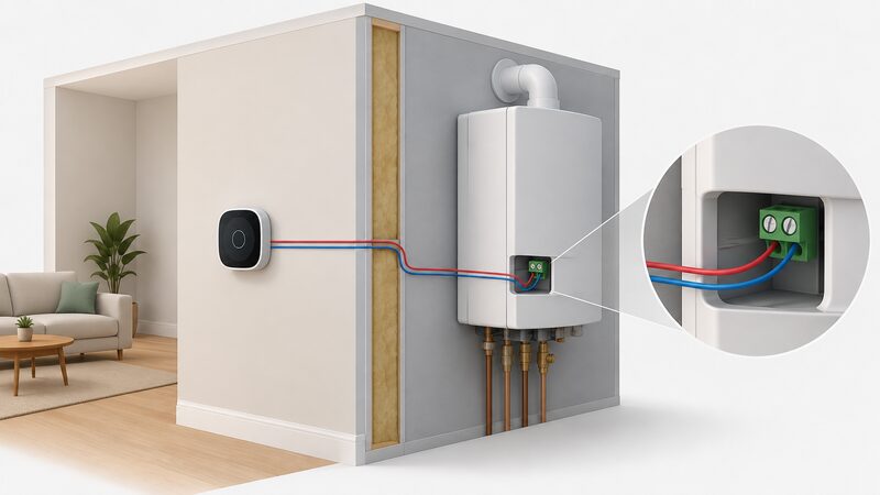 A cutaway interior view showing a smart thermostat mounted on an interior wall with its two-wire low voltage connection running through the wall to a wall-mounted combi boiler, with the boiler's OpenTherm terminals visible where the two wires attach.