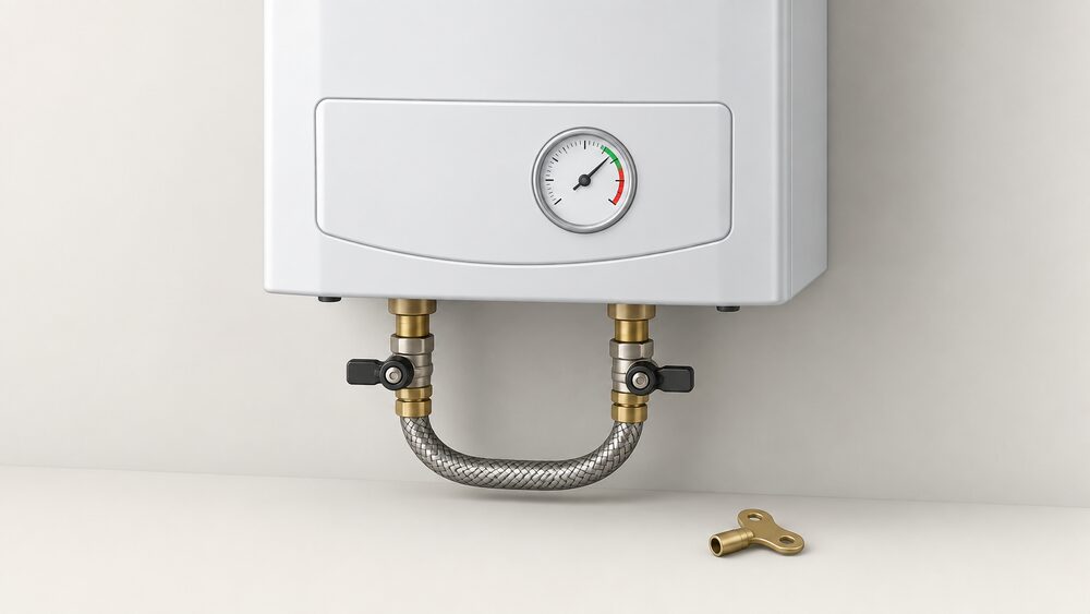 A close-up of a wall-mounted combi boiler with its round pressure gauge dial prominent on the front panel, and a braided filling loop with two small valves visible beneath the boiler casing, with a radiator bleed key resting nearby.