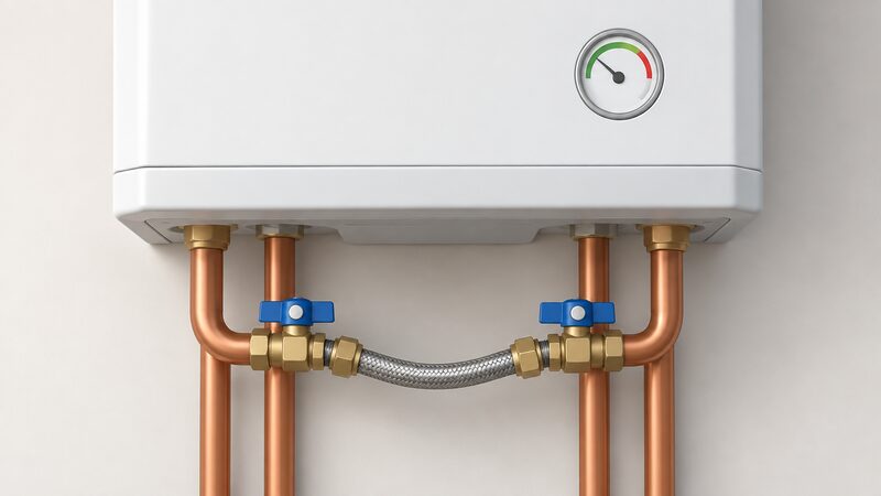 A close-up view beneath a wall-mounted boiler showing the filling loop: two small valves on copper pipework linked by a braided flexible hose, with the boiler's round pressure gauge visible on the front of the casing above.