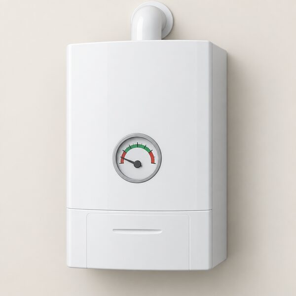 A close-up view of a wall-mounted combi boiler with its round pressure gauge dial prominent, the needle resting in the low zone below the 1 bar mark, drawn as a physical dial with plain markings and no readable numbers.