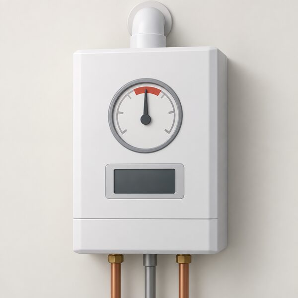 A wall-mounted boiler with its front panel showing a circular pressure gauge whose needle has crept into the red zone at the top of the dial, beside a blank display panel indicating the boiler has shut down.