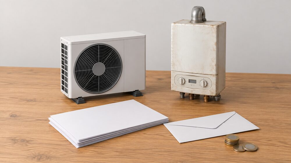 On a wooden table, a small model of an outdoor air source heat pump fan unit stands beside a stack of blank paperwork with a plain envelope and a few coins, with an old wall-hung gas boiler shown as a small faded model set slightly apart.