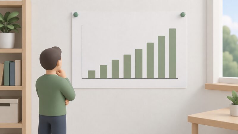 A printed chart sheet pinned to a wall, showing a steadily rising cumulative bar or line across scheme years with no numbers or words, illustrating that voucher issue has grown each year since the scheme replaced the Renewable Heat Incentive.
