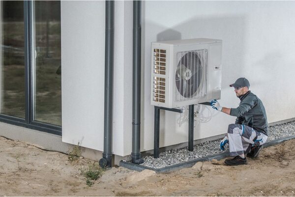 An installer kneeling beside an air source heat pump unit mounted on the outside wall of a house