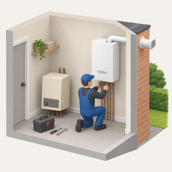 An installer fitting a new A-rated condensing boiler on an indoor wall, with its flue passing through the outside wall, while the old G-rated boiler it replaces sits disconnected nearby.