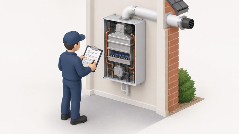 A service engineer holding a clipboard with a printed checklist sheet of plain blank lines stands beside a wall boiler with its case removed, exposing the heat exchanger and burner, with the flue running through the wall to a terminal outside.