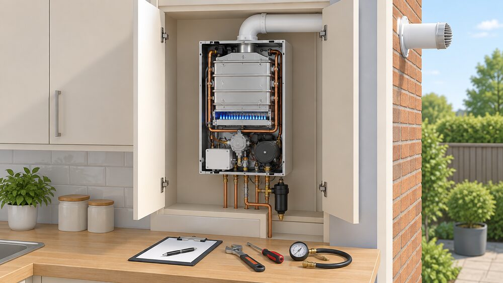 A wall-mounted gas boiler with its front case removed, showing the heat exchanger and burner inside, standing in a kitchen cupboard with clearance around it, a flue pipe passing through the external wall behind, and engineer's tools such as a spanner, pressure gauge and clipboard laid on the worktop below.