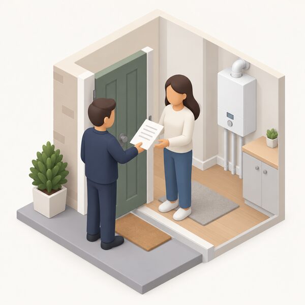 A simplified isometric landlord in plain clothing hands a paper gas safety record document, shown with blank lines only, to a tenant at the doorway of a rented home, with the gas boiler visible on the wall of the room behind them.