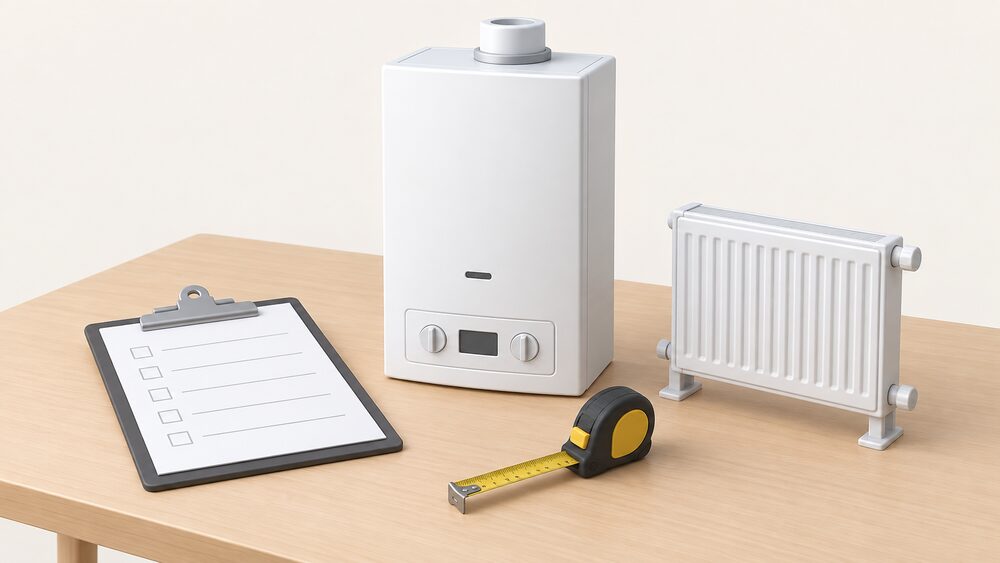 A small model of a wall-hung gas boiler sits on a table beside a clipboard with a blank survey form, a tape measure and a small model radiator, representing the heat loss survey an installer carries out before sizing a boiler.
