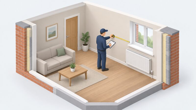 A heating engineer stands in a home's living room holding a tape measure extended along the wall while writing on a clipboard, with a radiator visible under the window and an exterior wall whose thickness and windows are shown as the fabric being surveyed.