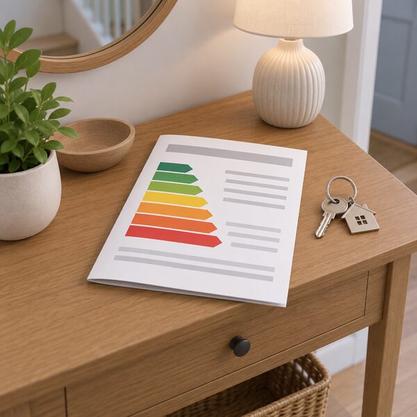 A folded domestic Energy Performance Certificate printed on paper lying on a hall table of a home, its front page showing only plain colour bands and blank lines, beside a set of house keys, with no readable words or figures anywhere on the document.