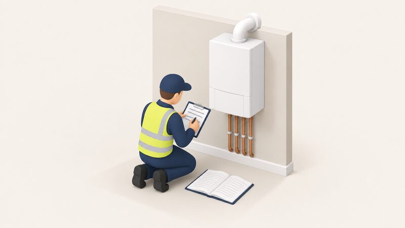 A Gas Safe registered engineer, shown as a small isometric figure, kneels beside a newly installed wall-mounted boiler filling in a Benchmark commissioning checklist document, with the logbook open on the floor beside them.