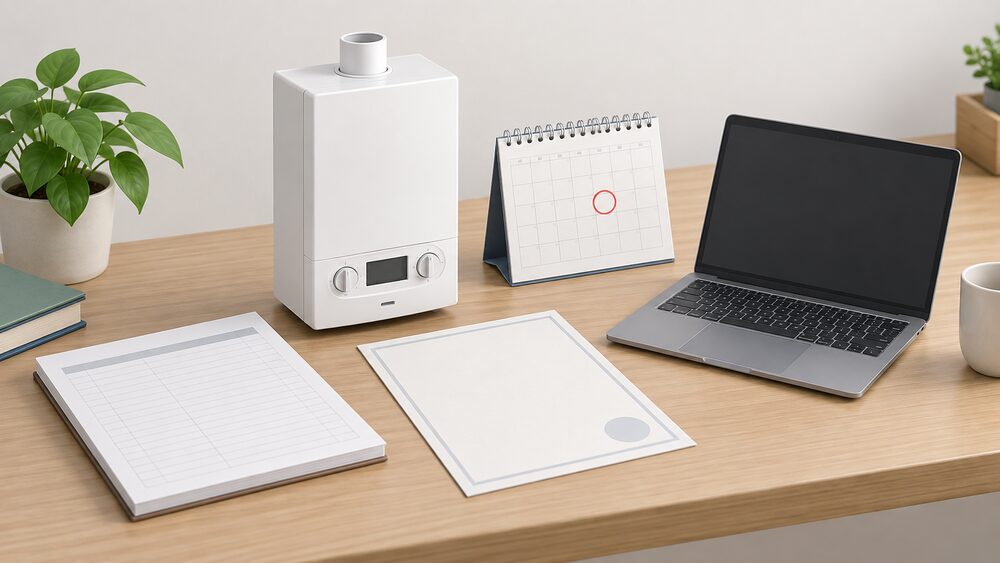 A small model of a wall-hung gas combi boiler sits on a kitchen table beside a blank commissioning logbook, a blank certificate, a wall calendar showing a marked date, and a laptop with a blank screen ready for online registration.